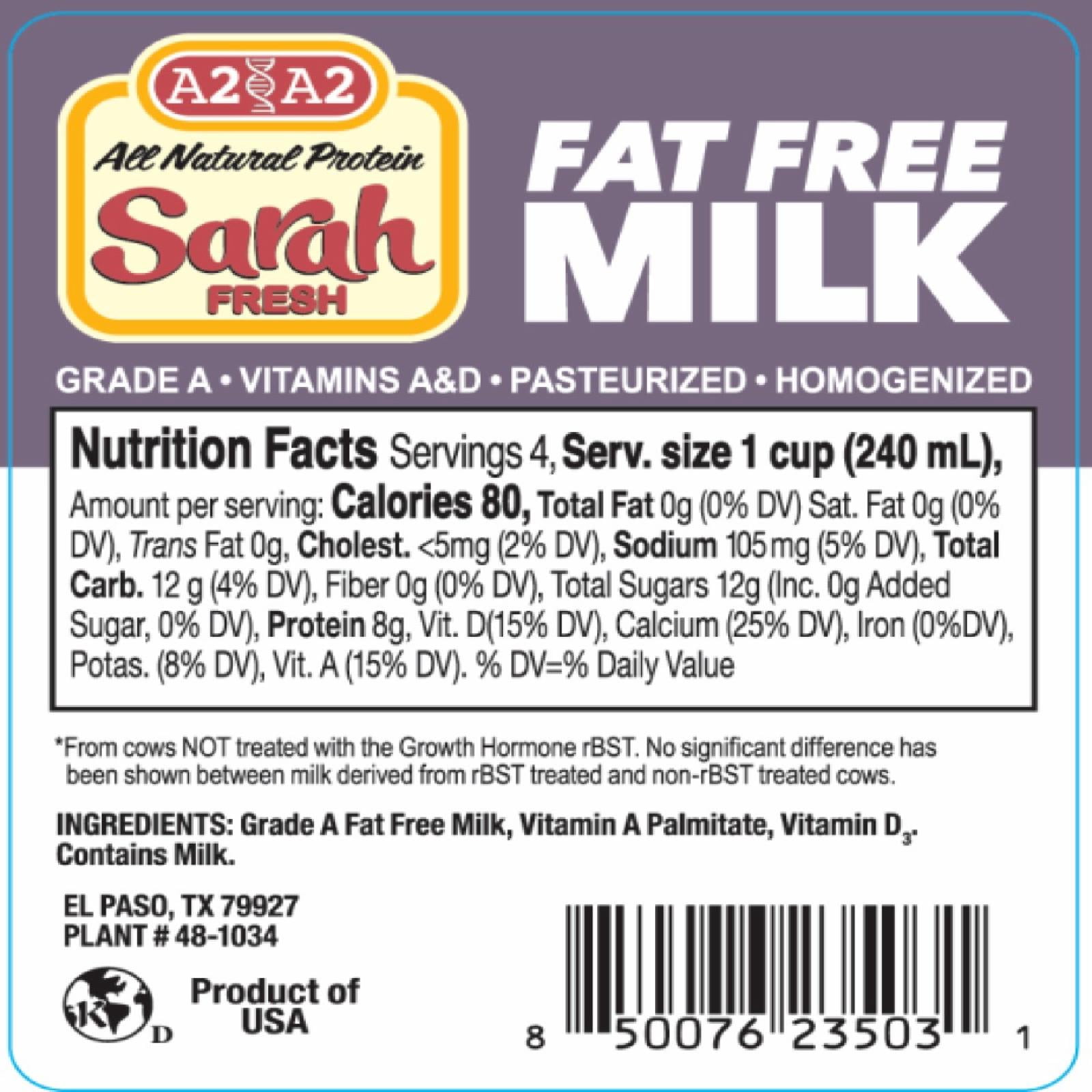 Fat Free (Skim) A2/A2 Milk Quart
