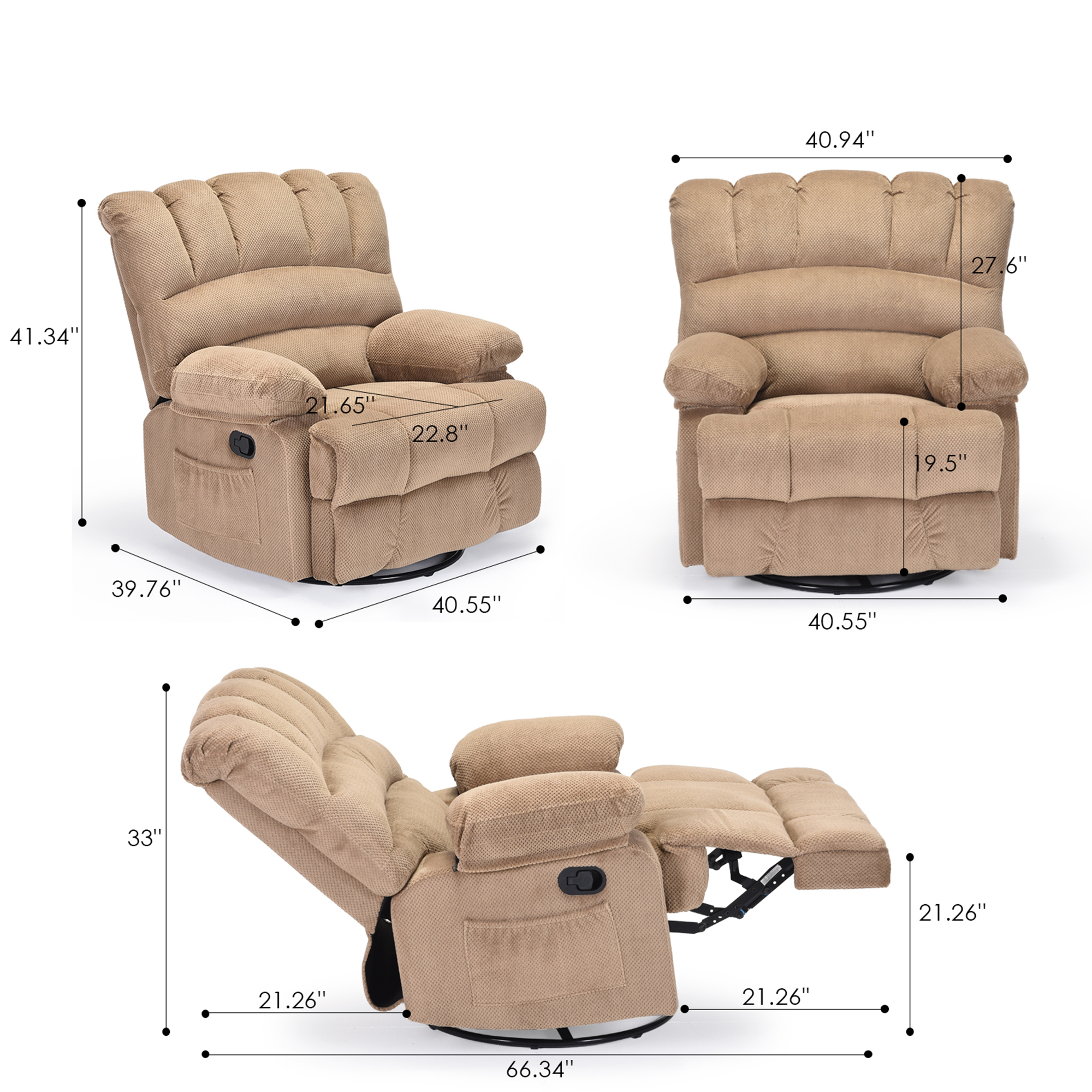 MAYEERTY Light Camel Oversized Swivel Rocker Recliner Sofa for Adults, Velvet, Perfect for Living Room