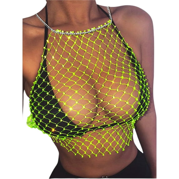 Women See Through Mesh Diamond Tank Tops Hollow Out Beach Cover up Crop Tops for Rave Festival Clubwear