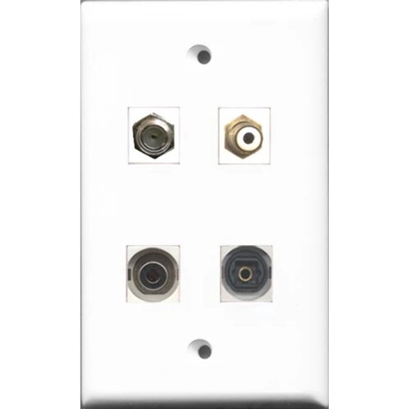 RiteAV 1 Port RCA White and 1 Port Coax Cable TV- F-Type and 1 Port Toslink and 1 Port 3.5mm Wall Plate