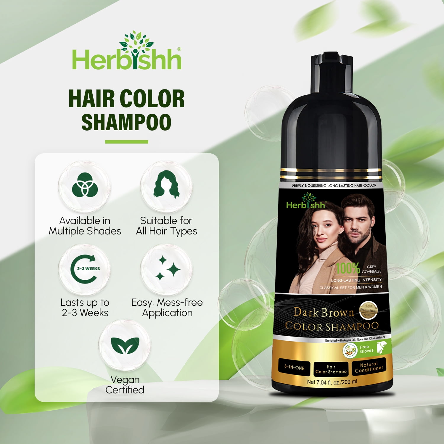 (2 pack) Herbishh Dark Brown Hair Color Shampoo for Gray Hair, Hair Dye Shampoo 3 in 1, 100% Gray Coverage, Permanent Hair Color for Men & Women, Ammonia-free, 200 ml