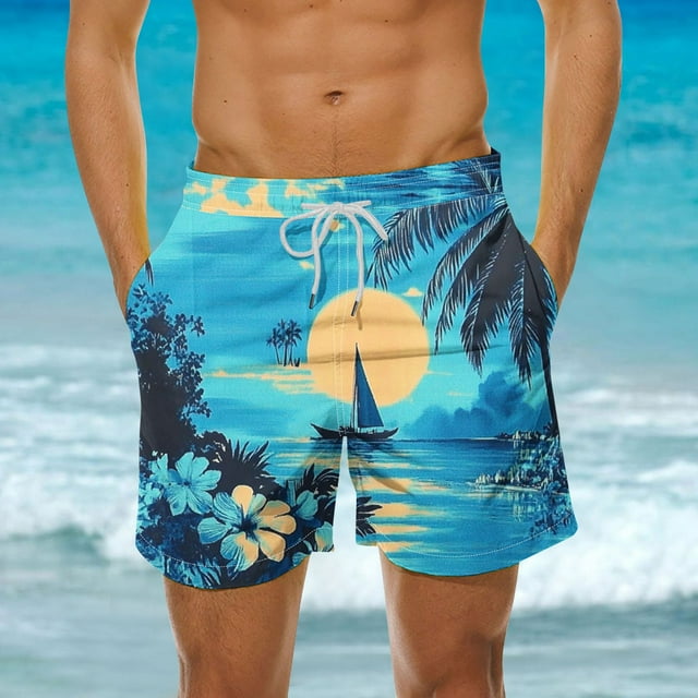 Swim Trunks for Men, Hawaiian Print Quick-Dry Polyester with Elastic Waistband and Drawstring, UPF 50+, Mesh Lined, 2 Slanted Pockets