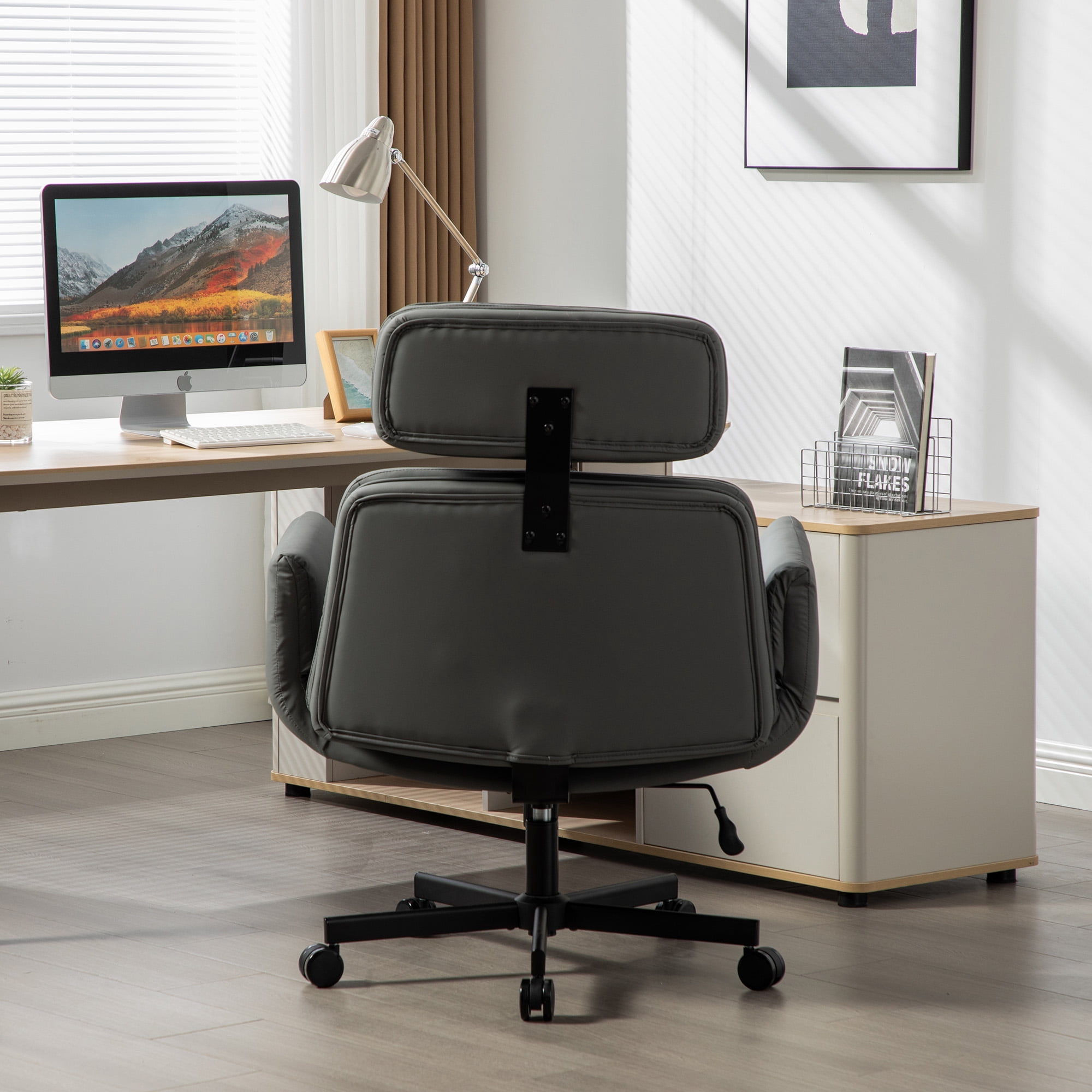 Office Chair, Desk Chair, Task Chair&nbsp;with Adjustable Armrests, PU Leather Criss Cross Chair with Wide Seat and Headrest for Home Office, Gaming, Makeup, Gray