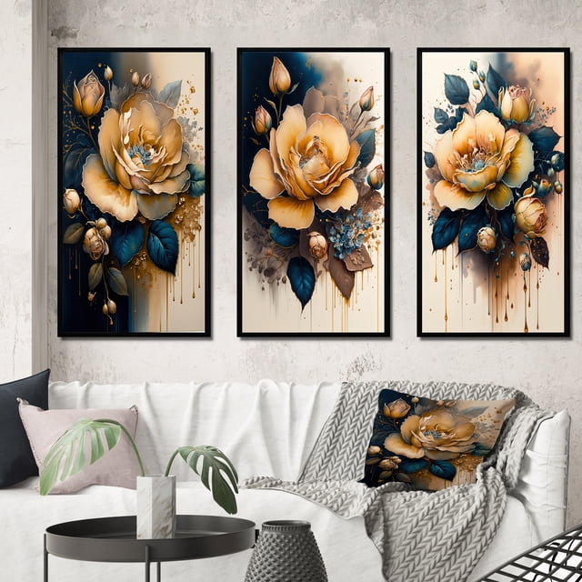 Designart "Roses in Yellow and Blue Hues I" Floral & Botanical Framed Wall Art Set Of 3 - Yellow Rose Frame Gallery Wall Set For Home Decor