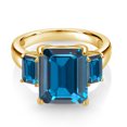 thumbnail image 3 of Gem Stone King 18K Yellow Gold Plated Silver London Blue Topaz 3-Stone Ring for Women | 8.82 Cttw | Emerald Cut 12X10MM and 6X4MM | Three Stone Wedding Engagement Anniversary Ring for Women | Size 8, 3 of 4