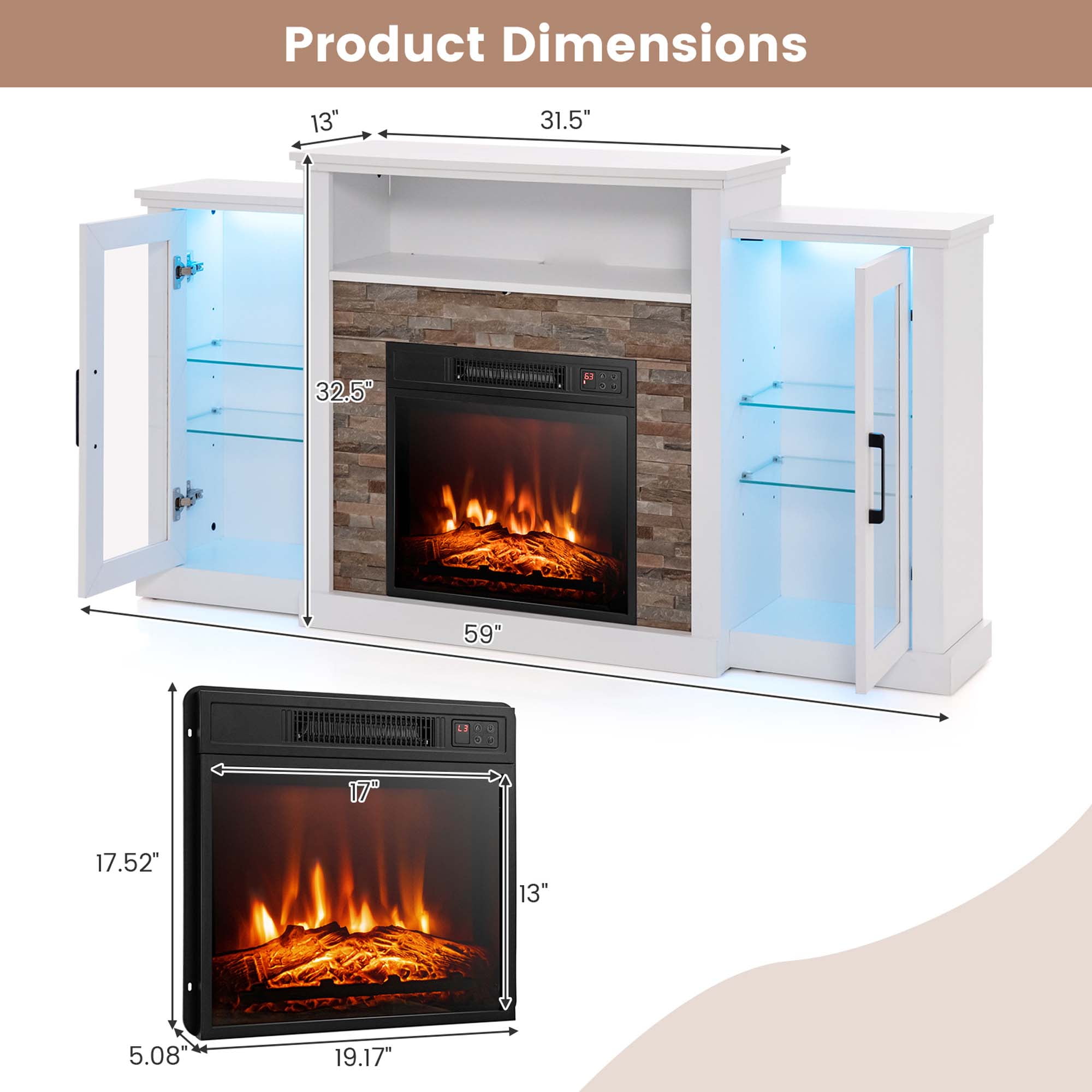 Costway Fireplace TV Stand with Led Lights & 18'' Electric Fireplace For 65" Wall-Mounted TV White