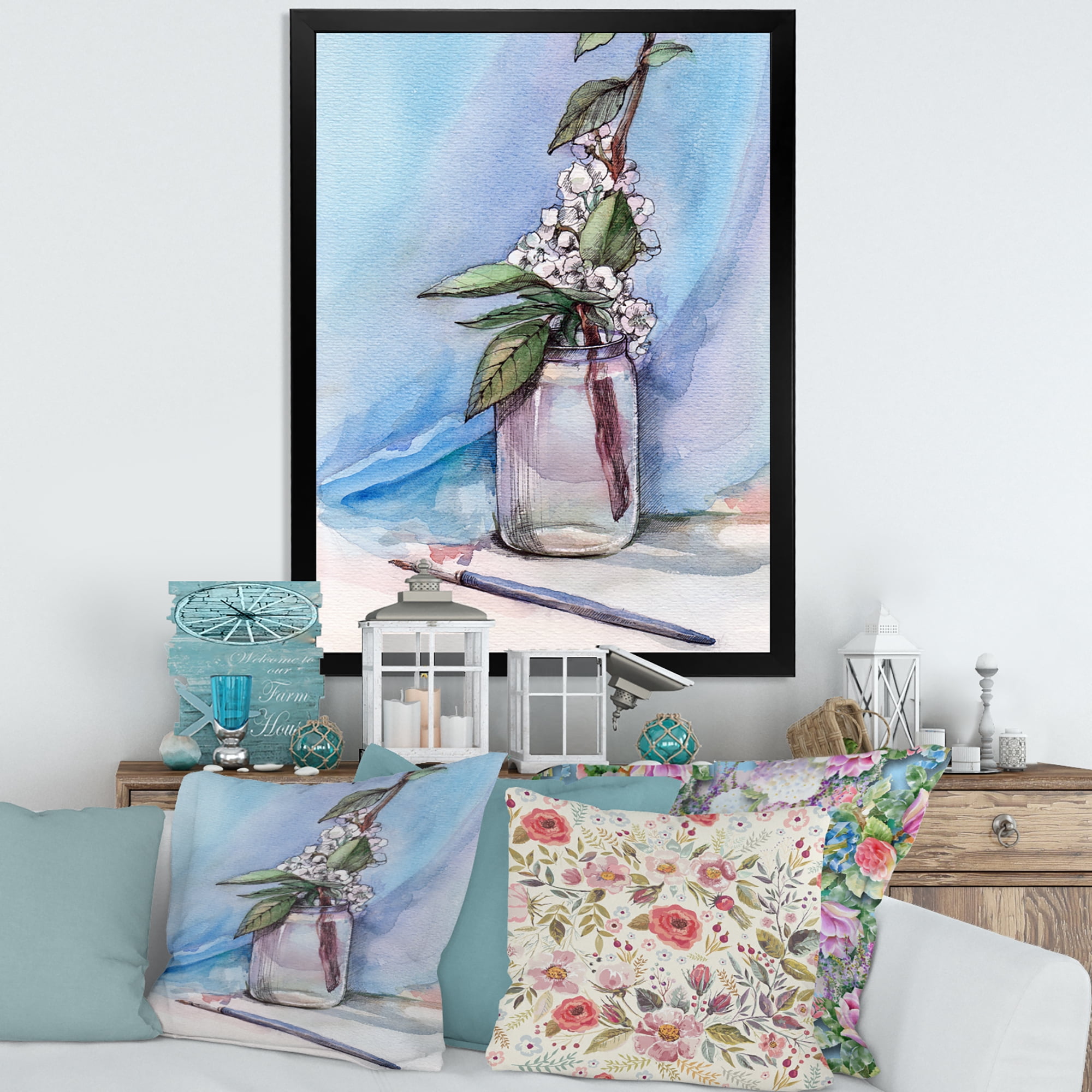 Designart 'Cherry Blossom Flowers In Glass Jar' Farmhouse Framed Art Print