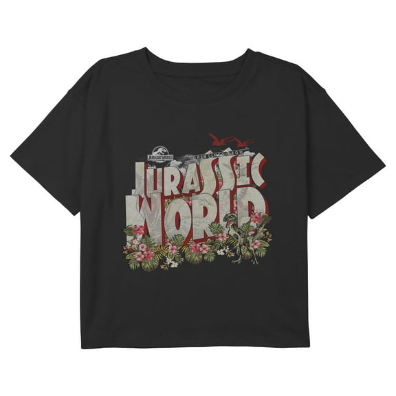Girls Jurassic World Floral Retro Dino Graphic Cropped T-Shirt