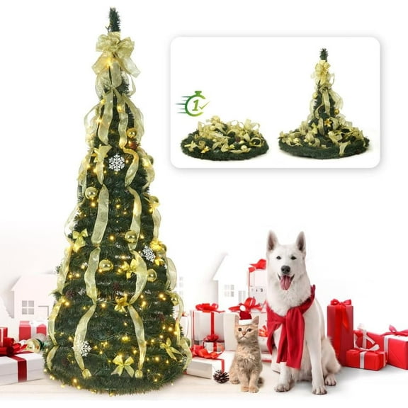 CAPHAUS 6 Feet Artificial Pop Up Christmas Tree w/ 4 Golden Ribbon, 300 LED Lights, Pre-Hinged, Foldable, with Green Plastic Stand, for Indoor, Office, Party, Holiday Decoration