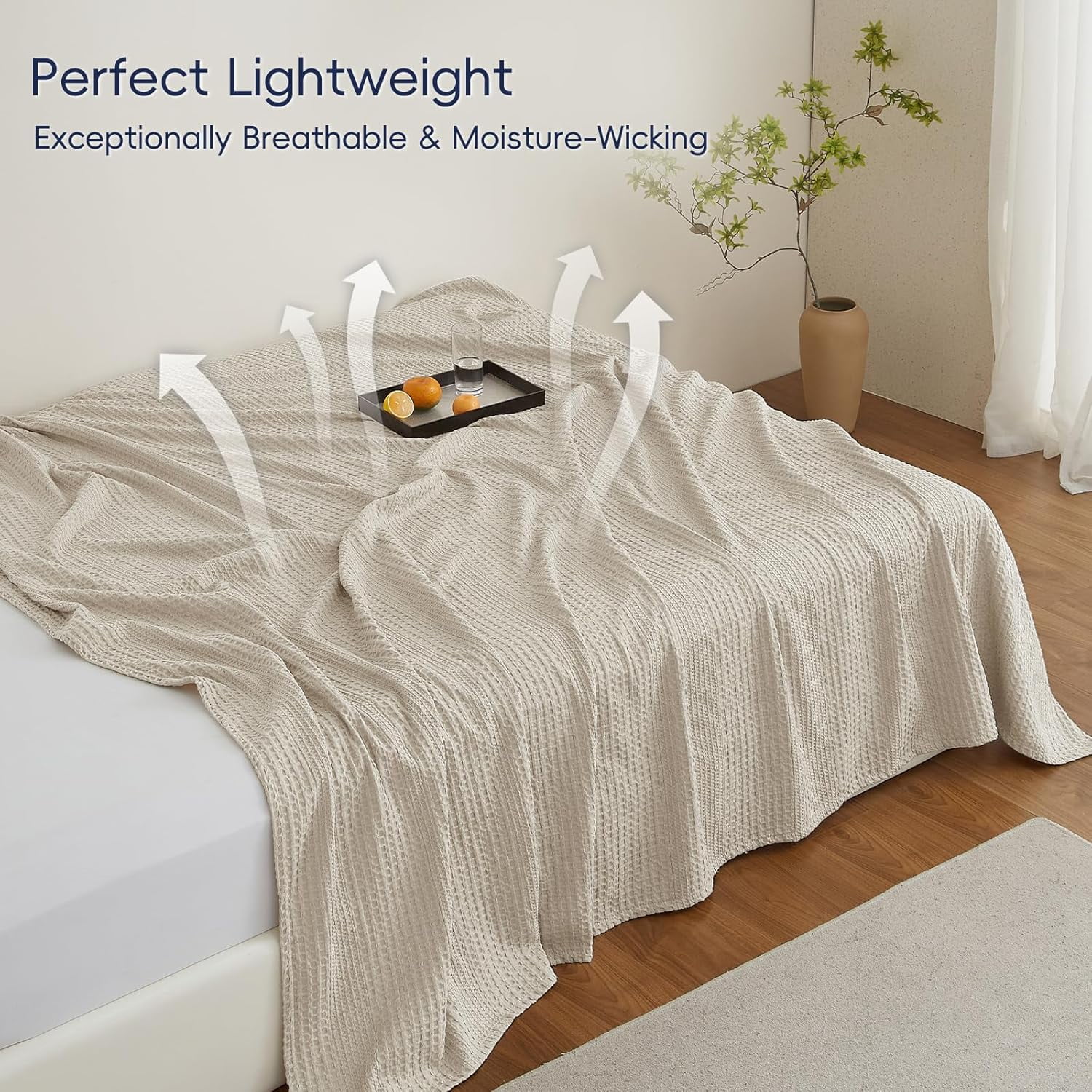 PHF Ultra Soft Waffle Weave Blanket King Size for Bed, Lightweight and Breathable Blanket, Perfect for Hot Sleepers, 104"x 90", Natural
