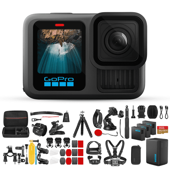 GoPro HERO13 Black Camera | Waterproof 5.3K60 Video Action Camera with 3 Spare Enduro Batteries, Dual-Battery Charger, 64GB Extreme SD Card, Camera Case, and 50-in-1 Camera Accessory Kit - Bundle Set