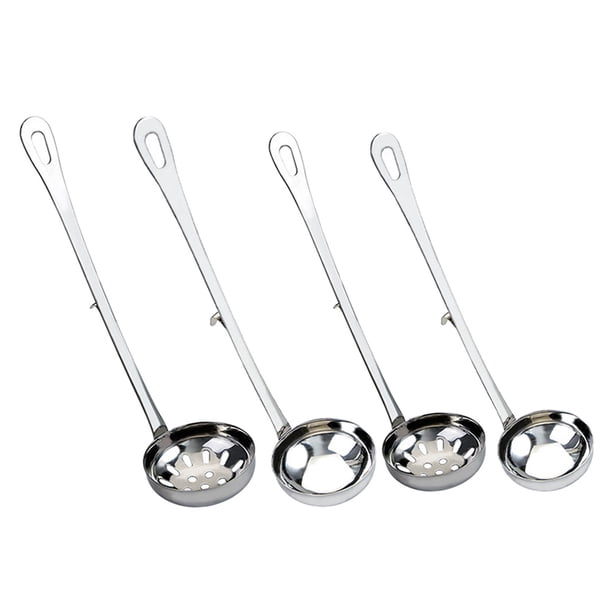 4 cucharas de acero inoxidable para servir con gancho y mango largo (colador de 6 cm, cuchara de sopa de 6 cm, colador de 7 cm y cuchara de sopa de 7 cm).