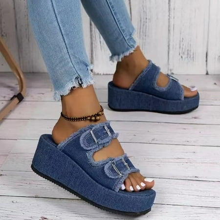 

hotio 2024 Elevate Your Style & Comfort This Summer: Chic Denim Platform Sandals with Open Toe Design Strappy Back and Slip on Ease