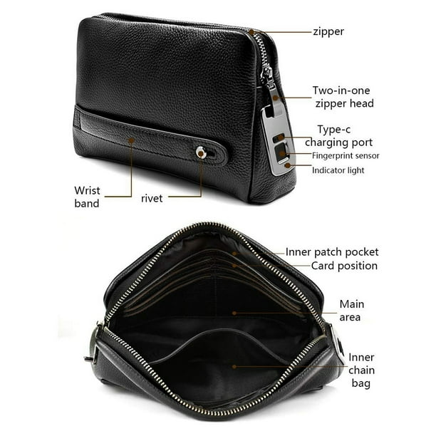 Billetera De Huellas Digitales Inteligente, Cremallera De Cuero Para Hombres Anti -Billetera Con Desbloqueo De 0.5s Y 10 Bolso De Bloqueo De Huellas Dactilares De Almacenamiento