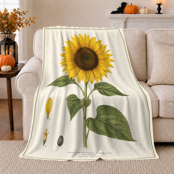 Vintage Sunflower Botanical Illustration Scientific Diagram, Cozy Botanical Scene, Warm Flannel Blanket for Sunroom and Reading Nook, Garden Lovers Thanksgiving Gift, Botanical Home Decor