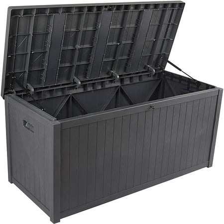 Sunvivi 120 Gallon Outdoor Deck Storage Box Patio Resin Storage Bin Outdoor Cushion Storage Wooden-Like (Gray)