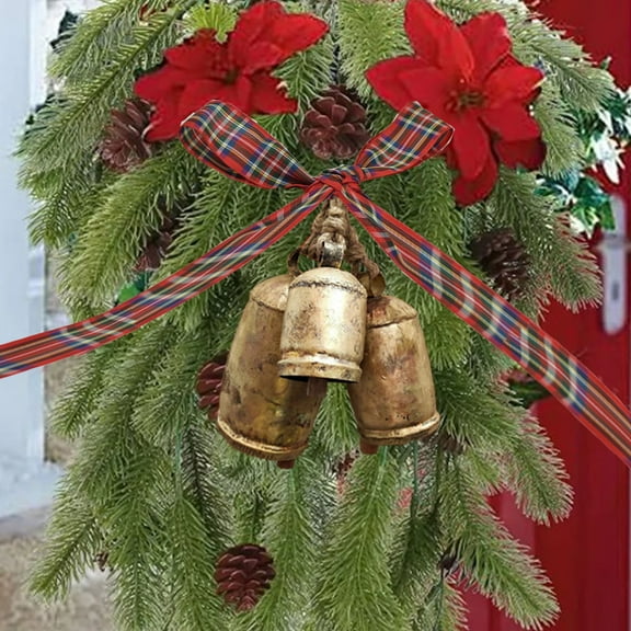 WJSXC Set Of 3 Christmas Bell Brass Cow Shabby Style Rustic Metal Hanging Giant Cow Bells Decor