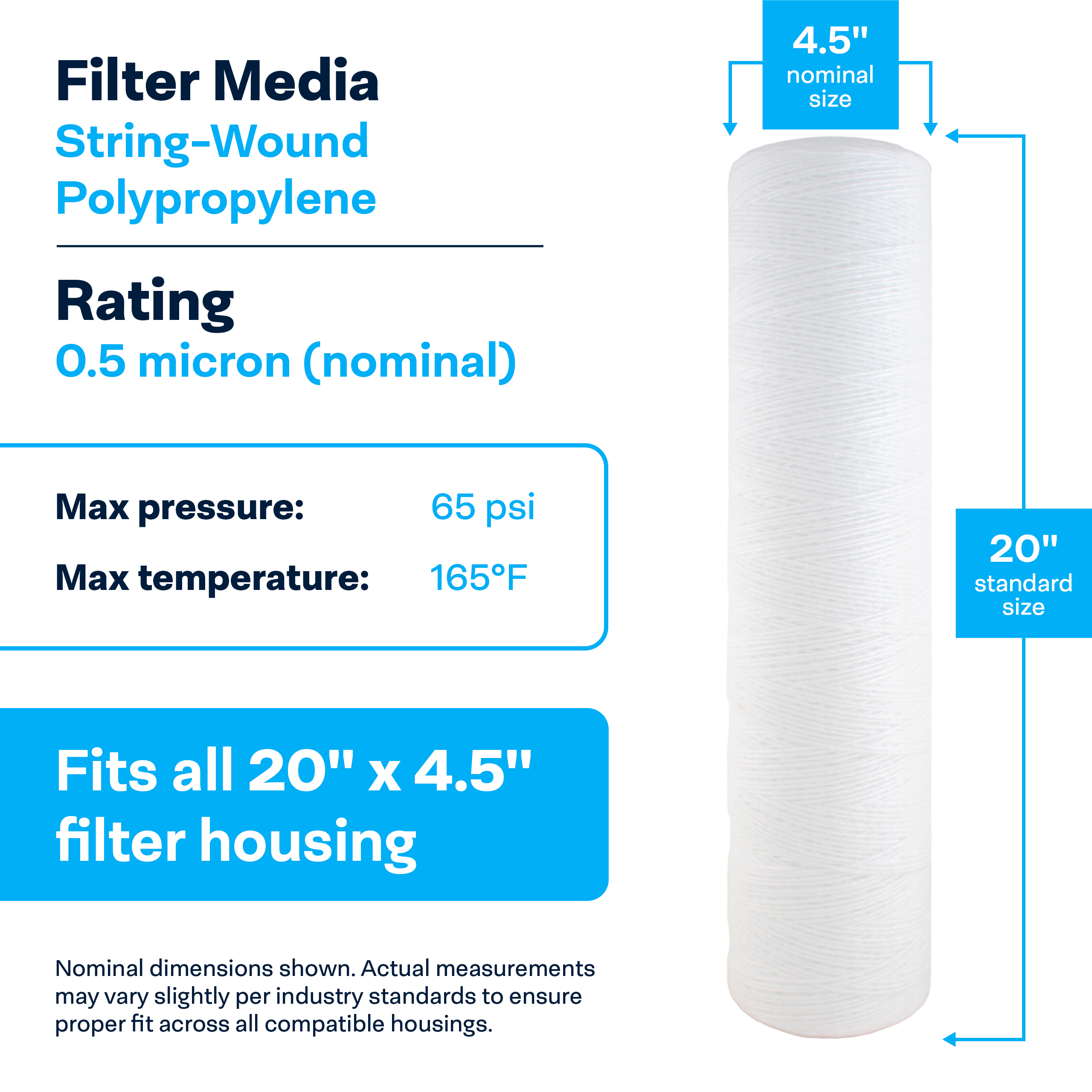 SpiroPure SP-WP0.5-20BB 20x4.5 0.5 Micron String-Wound Polypropylene Water Filter Cartridge SWC-45-20-0.5 (Case of 6)