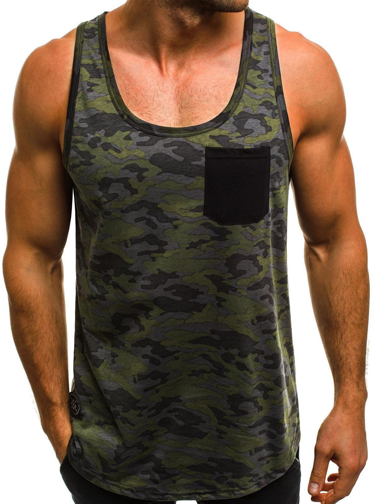 Men Camouflage Tank Top Long Length Curved Hem Hooded Sleeveless Lightweight Quick-Dry Vest Muscle T-Shirt 