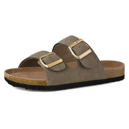 EIGTHTAIL Pennysue Womens Cork Footbed Slide Sandals with Arch Support 2 Strap Adjustable Buckle White Slip on Slipper Shoes Softey Flat Sandals 10M
