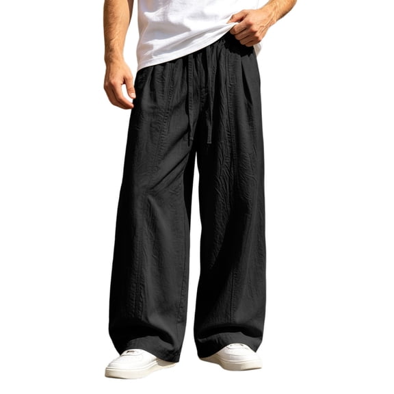 OOOUM Crinkle Wide Leg Pants for Men Relaxed Baggy Linen pants men's comfortable Lightweight Trousers Black XXXL