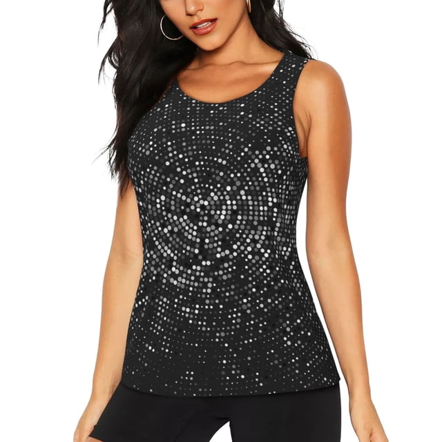 Fotbe Black And White Dotted Blusas Sin Mangas para Mujer – Estilo Casual, Corte Suelto, Slim-Fit, Cuello Redondo Deportivo, Tops de Verano para Gimnasio y Yoga-Large