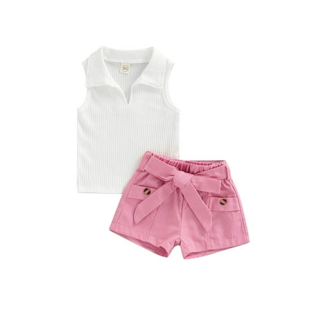

Nokpsedcb Kids Toddler Girls 2Pcs Clothes Suit Sleeveless Ribbed Plain Lapel Tanks Tops Plain Shorts with Waist Belt Pink 18-24 Months