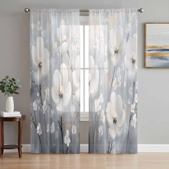 White Flowers Semi Sheer Curtains 63 Inch Length 2 Panels Set,Retro Camellia Floral Spring Grey Modern Art Sheer Kitchen Curtain Privacy Voile Window Curtain for Living Room Bedroom Rod Pocket Drapes