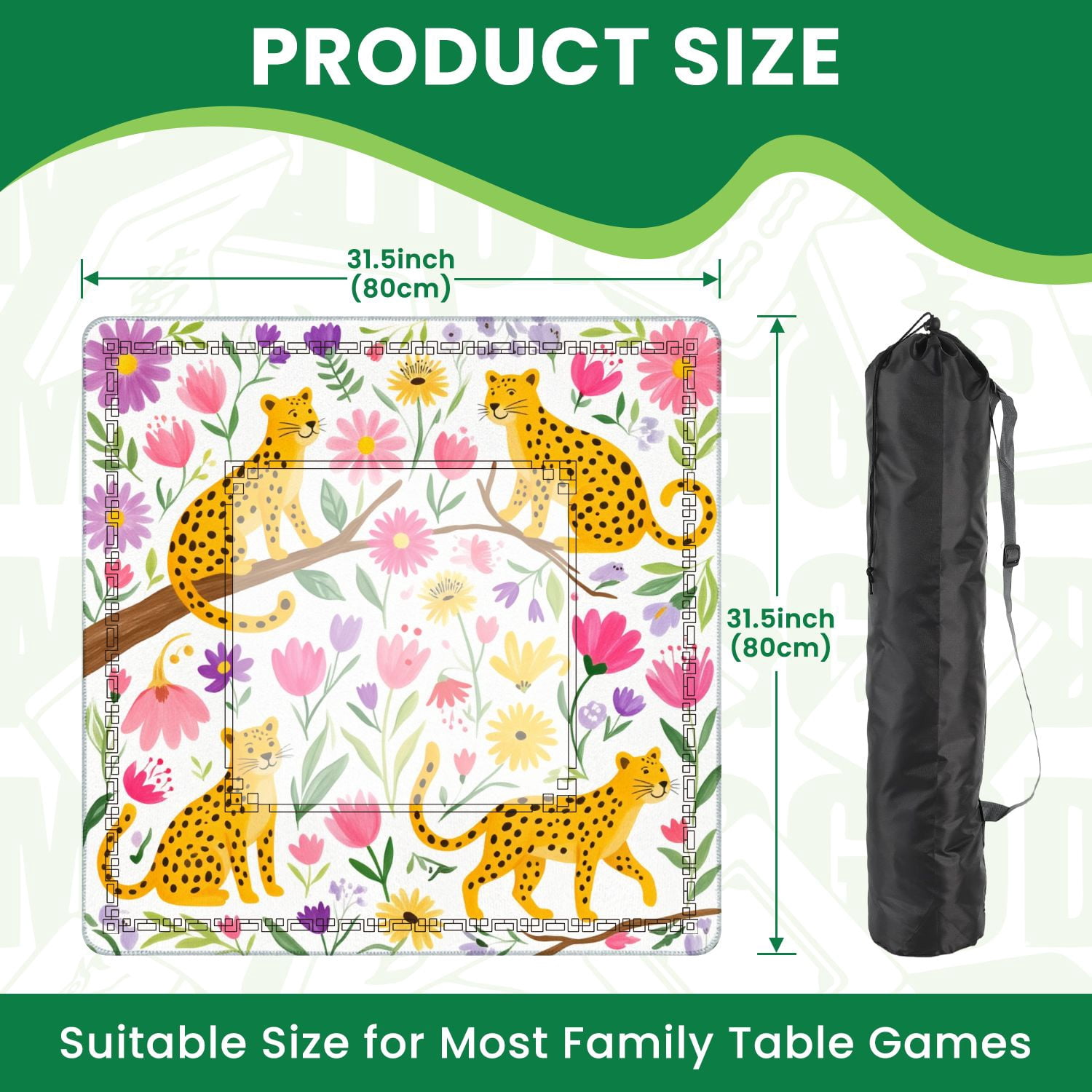 Mahjong Mat 31.5" x 31.5" Playful Leopards Among Colorful Flowers Vibrant Nature Non-Slip Noise Reduction American Mahjong Tiles Table Cover for Dominoes Poker Card Board Games Gift