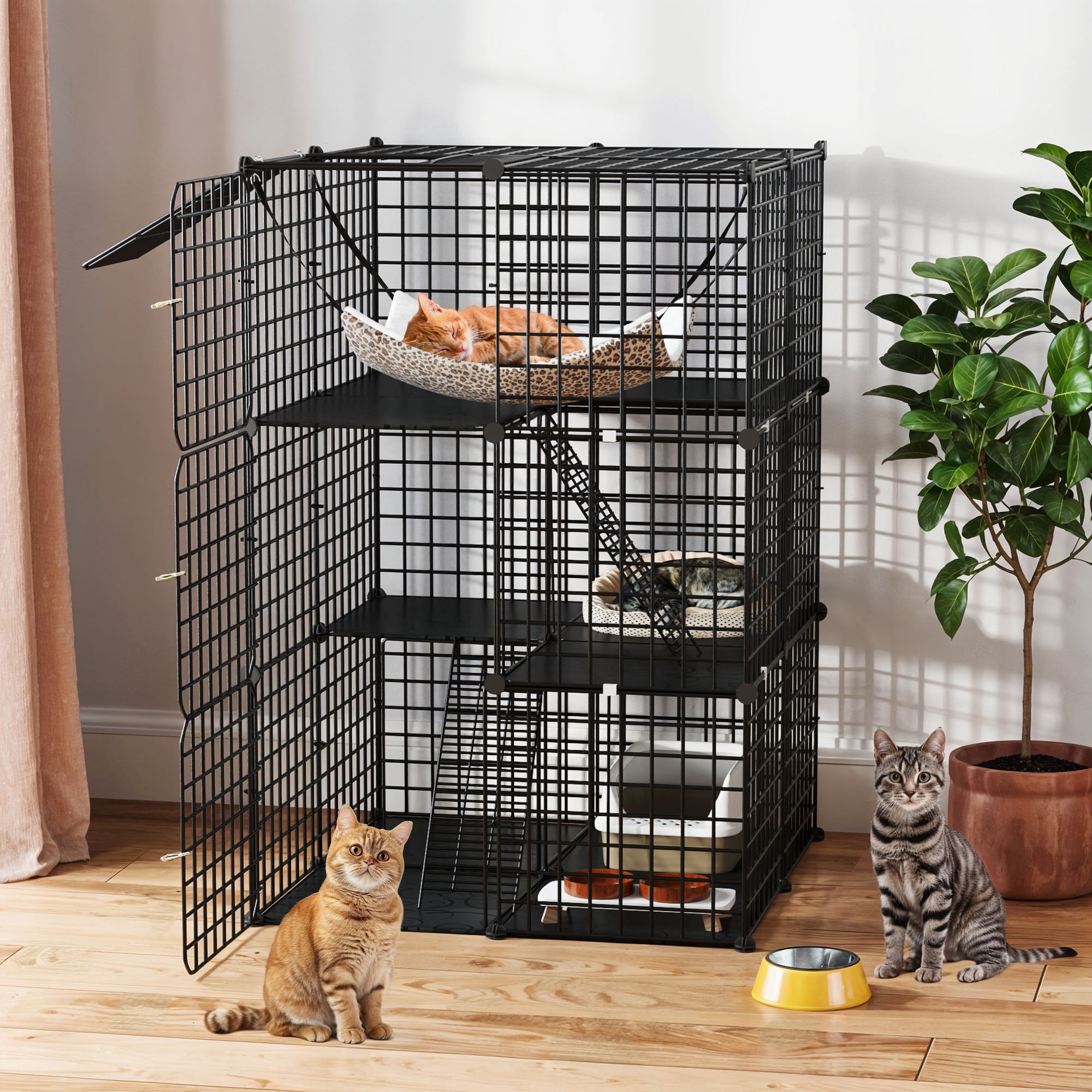 Uforic 41"Large 3 Tier Cat Cage, Indoor Cat Enclosures with Extra Large Hammock, DIY Cat Playpen Metal Kennel for 1-2 Cats,28"L x 28"W x 41"H,Black