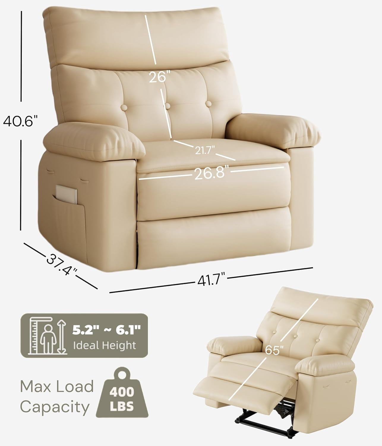 Oversized Wide Recliner Chair - Heat and Massage, PU Leather Extra Wide Manual Recliner for Adults, Large Lazy Chair with 1.5X Sponge Comfort Arm and Back for Living Room, Bedroom