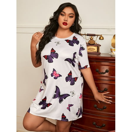 

Cute Women s Plus Short Sleeve Butterfly Print Nightdress White 4XL(20) for Summer F220102Y