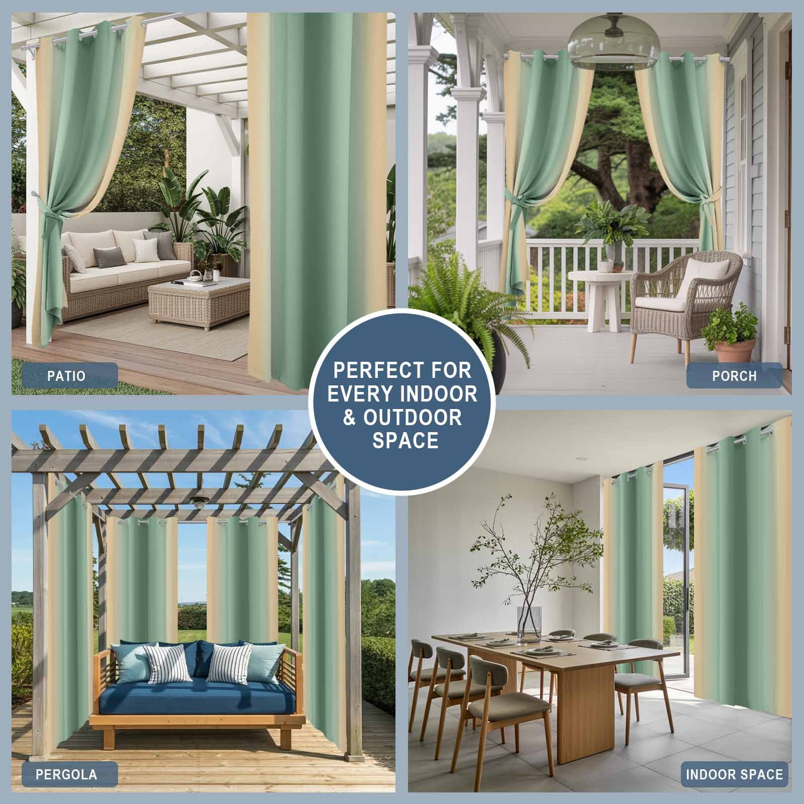 Outdoor Curtains for Patio Waterproof, Sage Green Yellow Ombre Windproof Pravicy Outside Porch Blackout Curtain, Farmhouse Modern Gradient Art Sun Blocking Grommets Curtains for Cabana 54"x108"