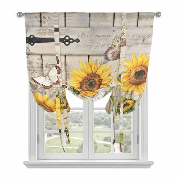 Farm Flowers Tie Up Curtains for Windows, Balloon Window Shades, Retro Sunflowers Barn Doors Butterfly Wood Board Kitchen Window Treatments Roll Up Curtain for Basement/Nursery 52"x45"