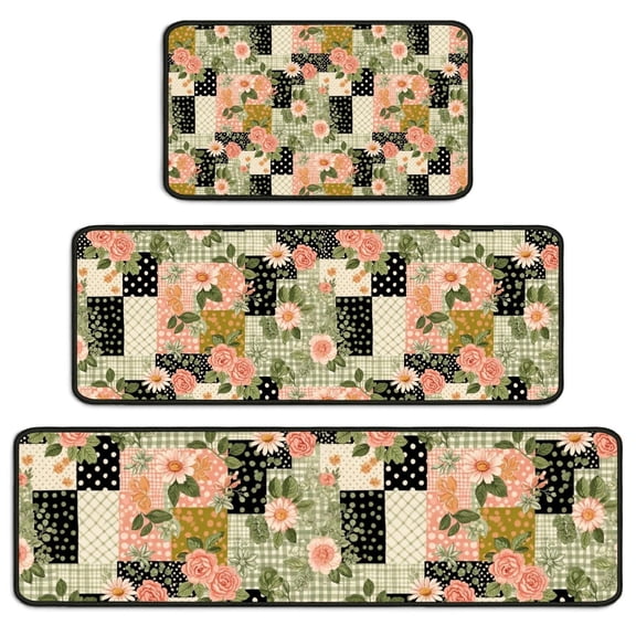 Pioneer Flower Floral Print Pattern Kitchen Rugs Sets Of 3,Kitchen Runner Rugs Non Skid Washable,Decorative Kitchen Floor Mats for Kitchen,Sink,Laundry,17X30 Inch 17X47 Inch 17X59 Inch