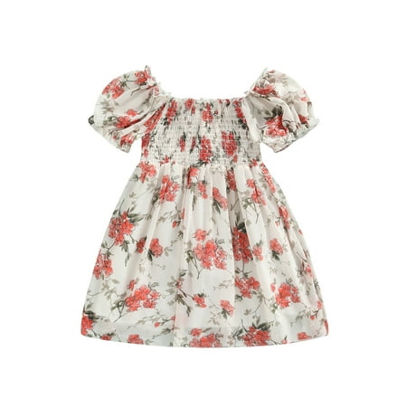 

Sunisery Kids Little Girls Summer Dress Short Sleeve Pleated Dress Elastic Chest High Waist A-line Floral Skirt White 7-8 Years