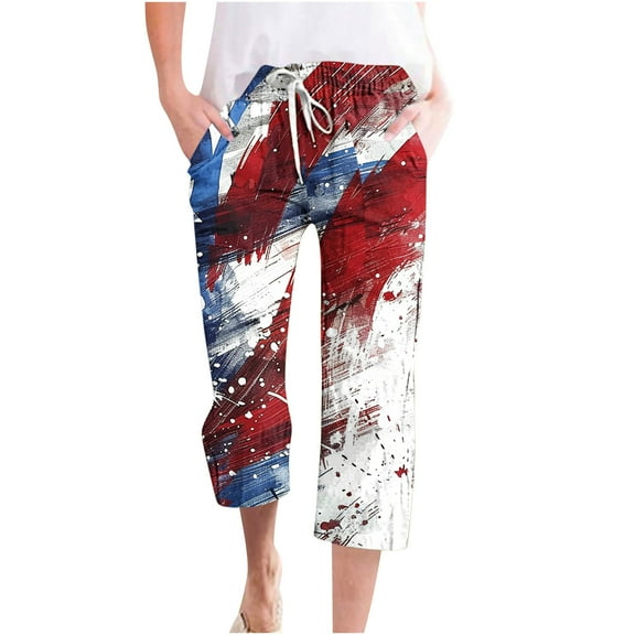 Nrmvnmi Summer Saving 2024 Capri Pants for Women Casual Floral Prints 2024 Summer Drawstring Elastic High Waist Pants Independence Day Straight Wide Leg Plus Size Lounge Capris