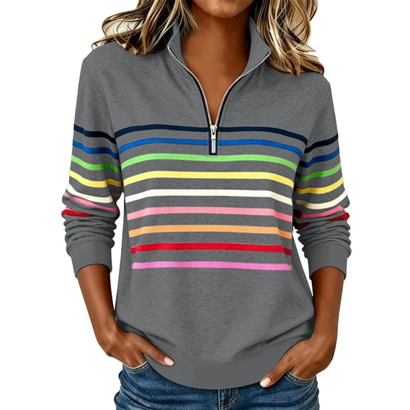 Rrxhxhs Sweatshirt for Women Colorful Horizontal‑Stripe Quarter Zip Mock Neck Long Sleeve Loose Casual Pullover Top