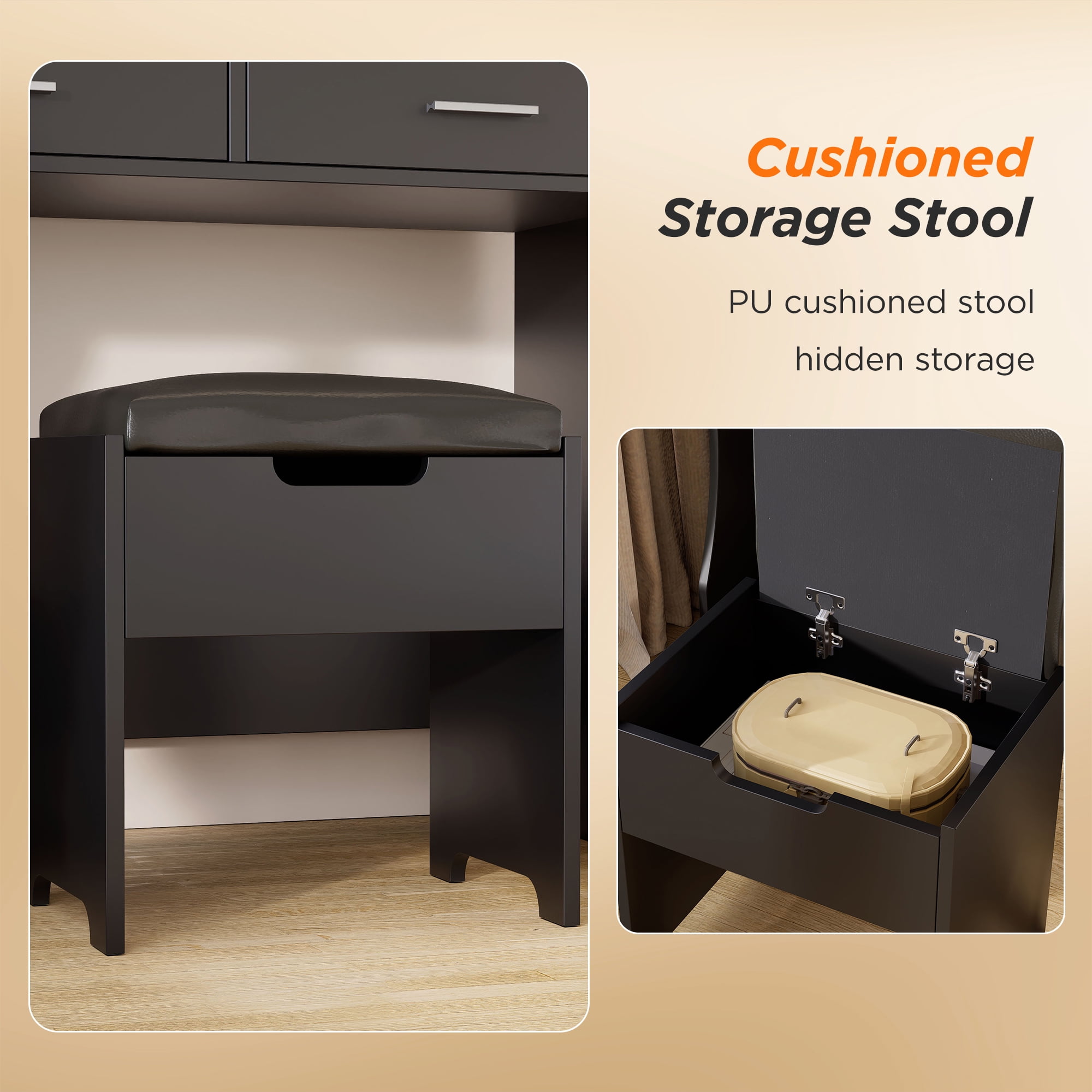 VEANERWOOD Makeup Vanity Table Set with Lighted Mirror & Power Strip for Bedroom, Black