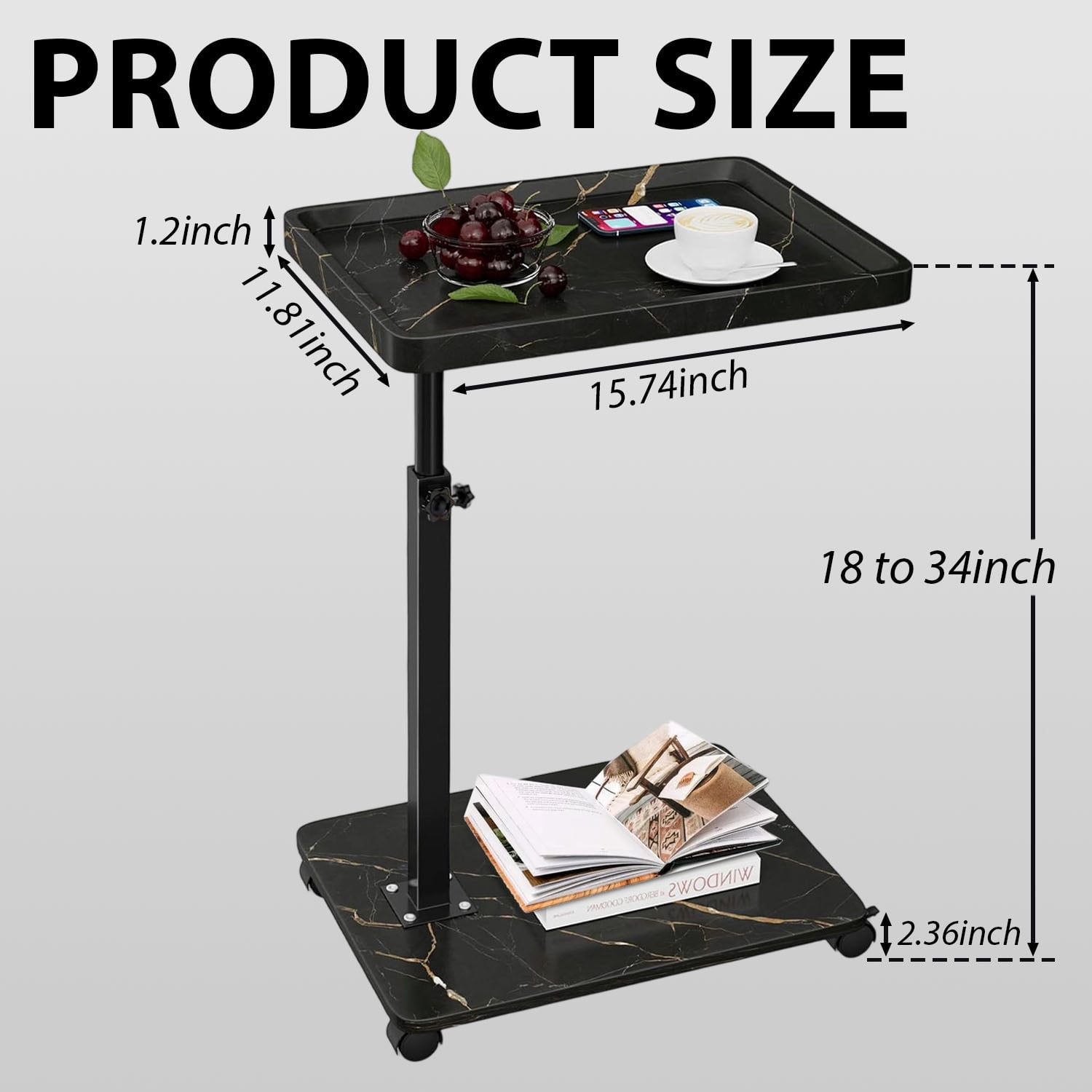 ManyFun C Table End Table Adjustable Heigh Durable MDF Top, Steel Frame, Universal Wheels, Multifunctional Tea Table-(Black and Gold)
