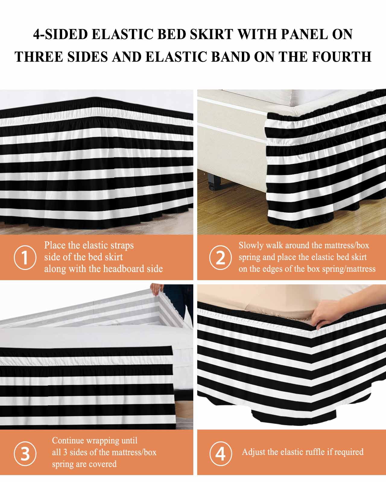 Black Striped Wrap Around Bed Skirts for Queen Bed 18" Drop,Bed Skirt with Adjustable Elastic Belt Dust Ruffle Bed Valance for Bedroom Hotel Modern Simple Monochrome Geometric White Bed Frame Cover
