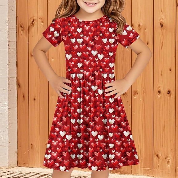 SGFCWSX Girls Short Sleeve Skater Dress Kids Dinosaur Print Crewneck Swing Dress for Spring Summer Casual Play Red Size 11-12 Years