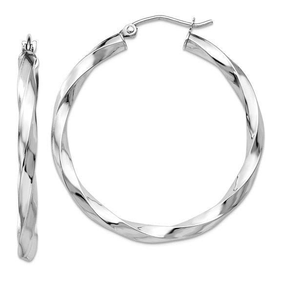 14k White Gold Hollow Polished Hinged post 3mm Twisted Hoop Earrings 26x35.5mm Wide 3mm Thick Hoop Earring for Women