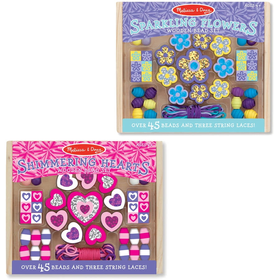 Melissa & Doug Sparkling Flowers Wooden Bead Set 45 Beads and 3 Lacing Strings for sale online 
