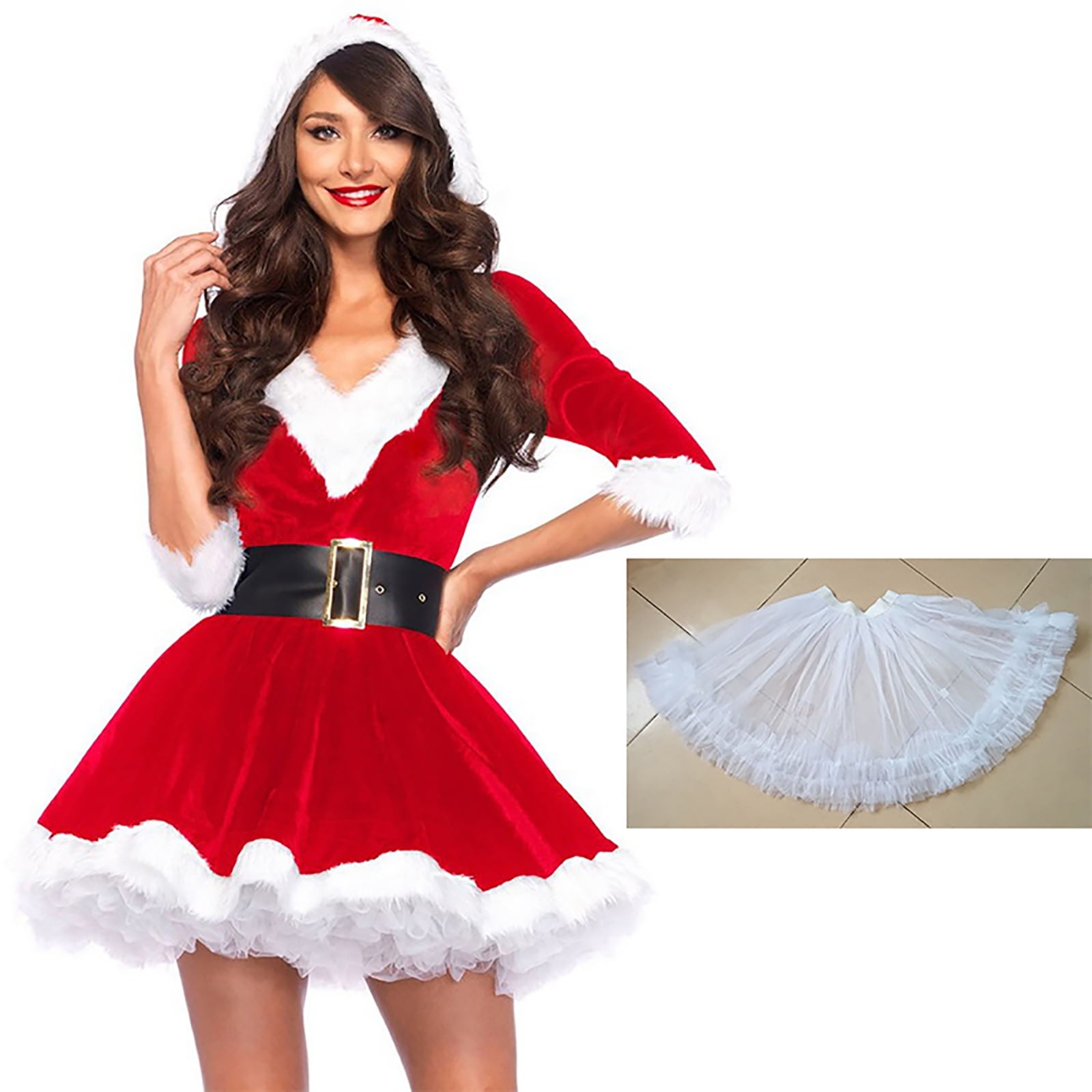 KAWELL 2 Piece Mrs Claus Costume Set Velvet Hooded Dress With Belt For Christmas Walmart