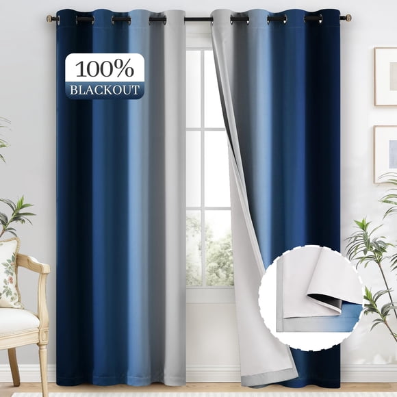 Yakamok 100% Blackout Curtains 84 Inch Length 2 Layers,Blue Curtains for Bedroom Ombre Room Darkening Grommet Gradient Drapes, Li