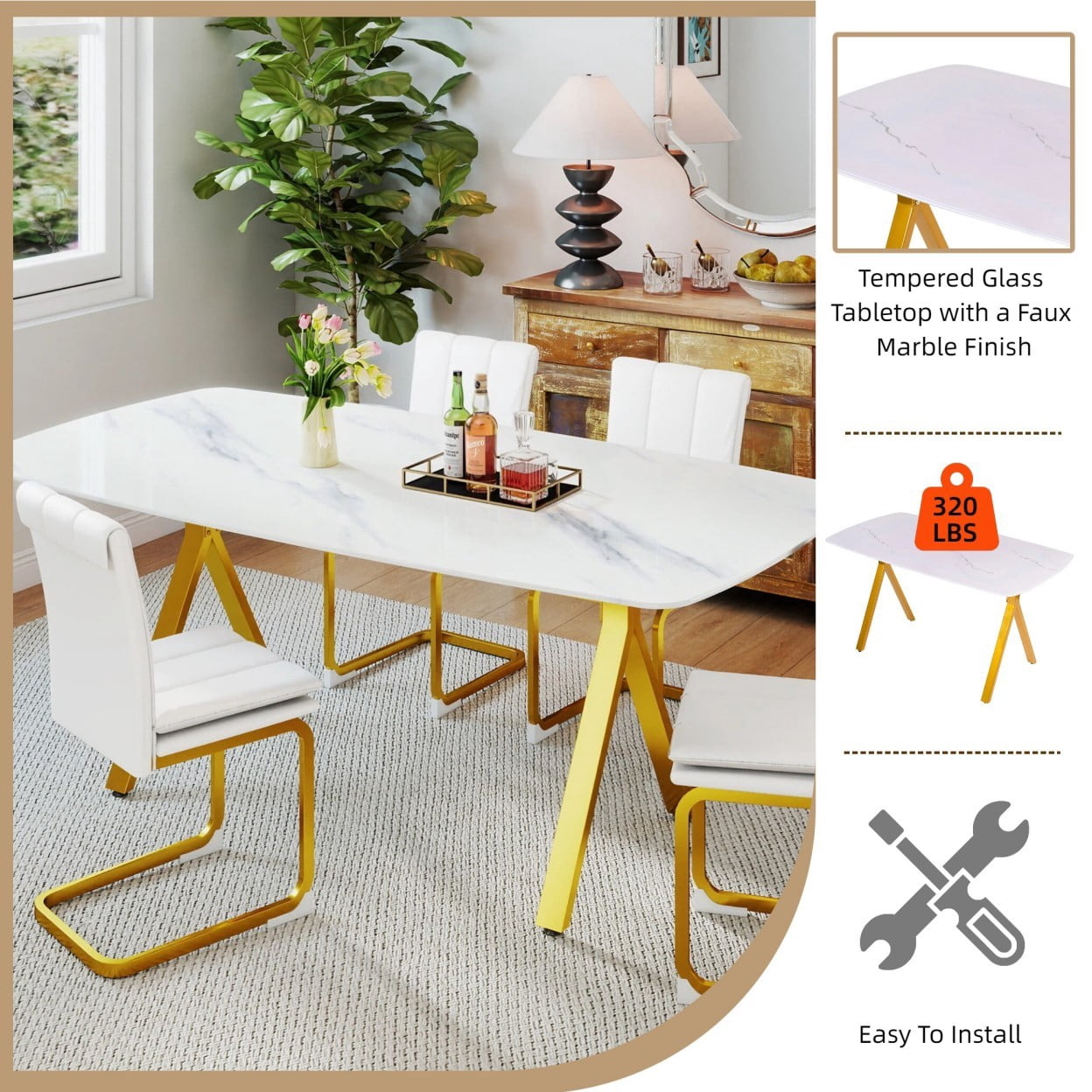Modern Rectangular Dining Table with Faux Marble Tempered Glass Top, Gold Metal Legs, Elegant Kitchen Table for Dining Room, Restaurant, Family Meals & Gatherings, White