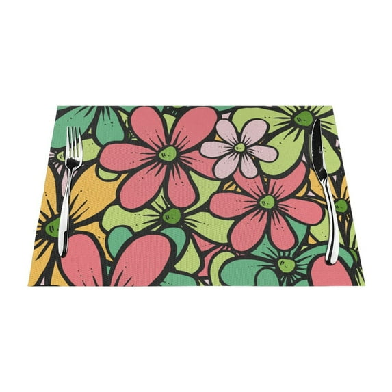 YFYANG Washable Heat-Resistant Placemats, 70% PVC/30% Polyester, Cartoon Floral Pattern Kitchen Table Mat, 12" x 18" 4 Pcs