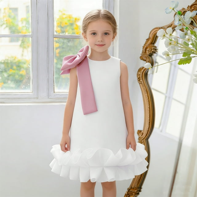 GIRLS PARTY DRESS WITH 3D BOW LAYERED SKIRT AND RUFFLED LACE TRIM FOR FORMAL PAGEANT GOWN DAILY WEAR AND