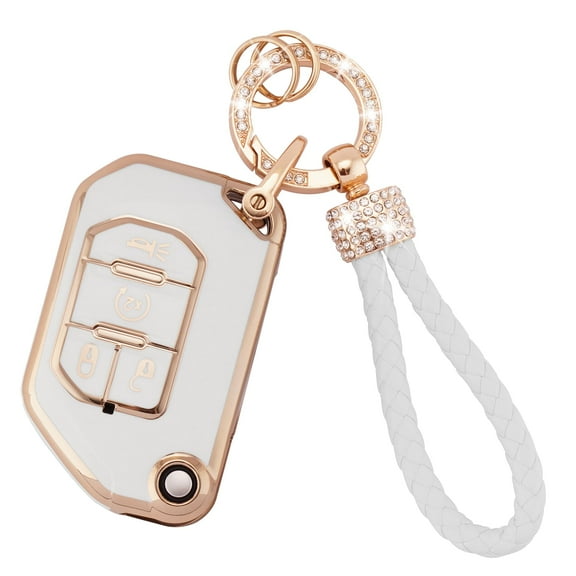 for Jeep Key Fob Cover with Leather Key Fob Keychain, Soft TPU Keys Shells Fit for Jeep Wrangler JL JLU Rubicon Gladiator JT Sahara JLU 4 Buttons Flip Folding Key Case Black Gold
